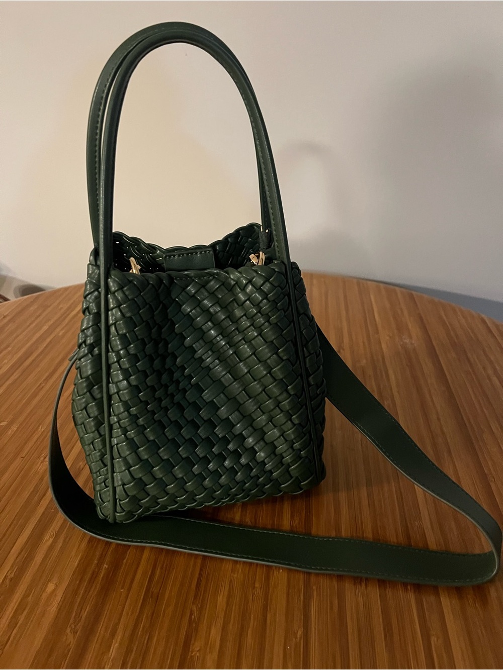 Anthropologie Woven Leather Bucket Bag in Dark Green